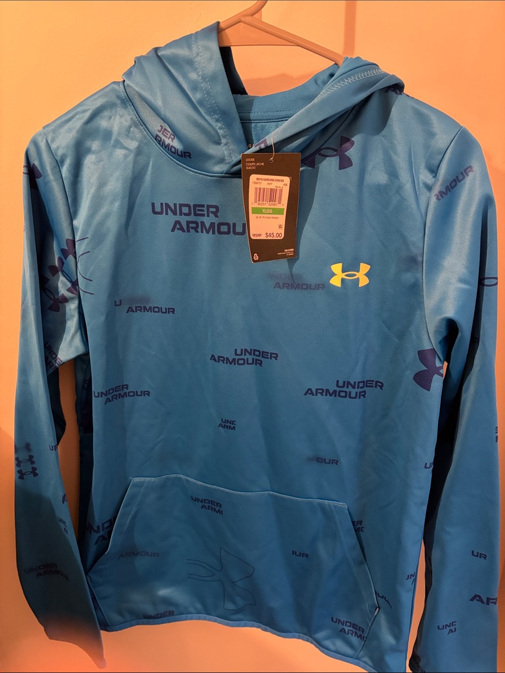 Under Armour Blue All-Over Logo Pullover Hoodie with Yellow Logo